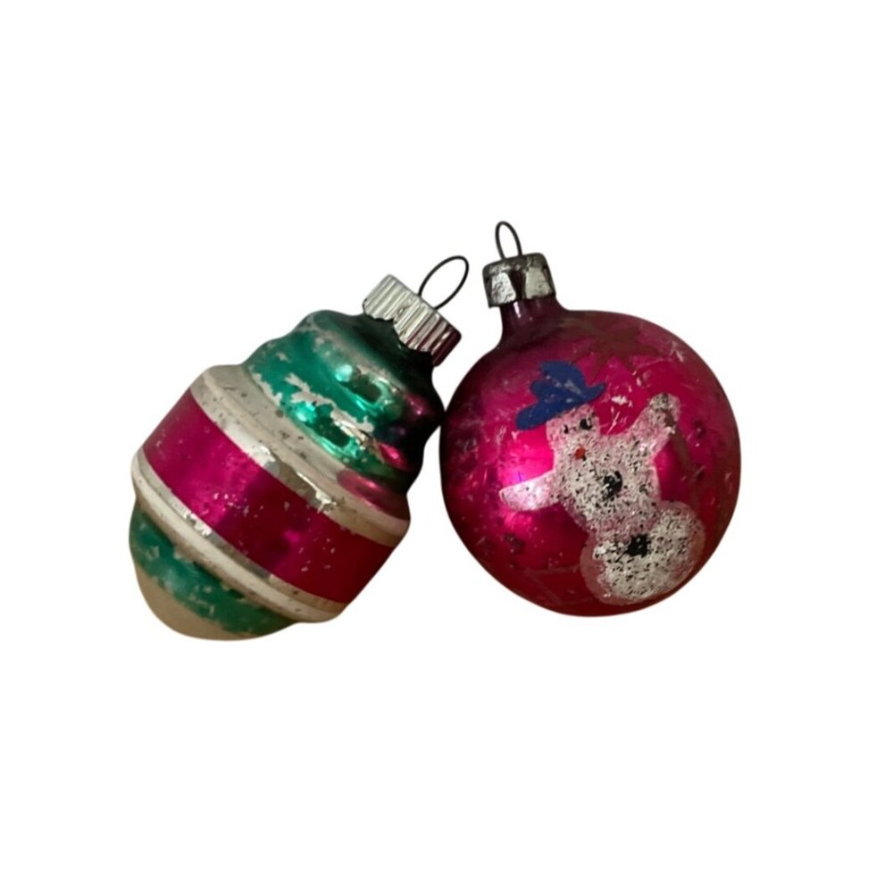 Vtg Shiny Brite Glass Christmas Ornaments Set Of 2 w Snowman And Striped Designs